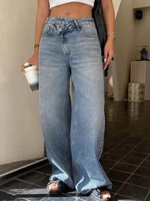 DAZY Jeans de pierna recta con diseño de cintura baja para mujer - Azul - Ver 5