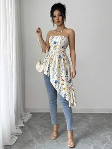 Elenzga Women's Elegant Sexy Apricot Floral Pattern Design Strapless Corset Asymmetric Ruffle Hem Sleeveless Fitted Blouse, Spring/Summer - Apricot - View 3