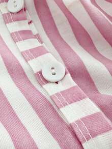 SHEIN Set da casa e tempo libero da donna in cotone, composto da 2 pezzi: top a maniche lunghe con scollo a V e bottoni, a righe rosa e bianche, e pantaloncini coordinati - Rosa - Visualizzare 7