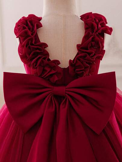 Glamorique Kids Baby Girls' Burgundy Satin Mesh High-End Formal Dress With 3D Flower, Big Bow Back, Puffy Skirt, Suitable For Christmas, Halloween, Baby Birthday Party, Sleeveless Jumper Dress For Celebration, Banquet, Party