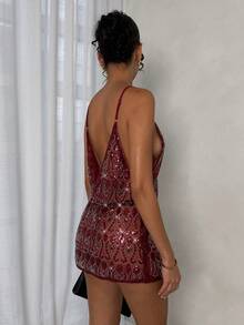 Glamine 性感亮片装饰迷你连衣裙，适合派对、夜店和外出游玩。 - 酒紅色 - 查看 2