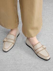 CUCCOO BIZCHIC 女士春秋时尚休闲厚底乐福鞋，复古学院风帆布搭扣交叉装饰，圆头高帮舒适通勤办公商务鞋 - 杏色 - 查看 4