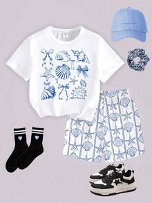 SHEIN 春夏少女休闲时尚创意个性清新优雅简约海星贝壳海螺蝴蝶结波浪线图案印花休闲基础款短袖T恤和短裤套装，舒适日常穿着，温暖夏日风格，适合春夏少女。 - 彩色 - 查看 6