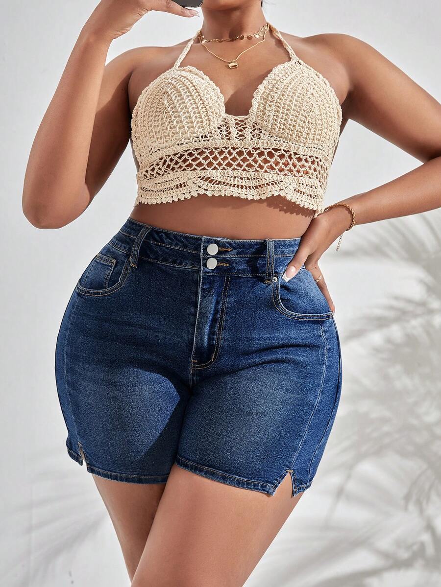 SHEIN SXY 大碼下擺開叉牛仔短褲 - 深色水洗藍 - 查看 1