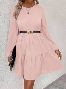 EMERY ROSE Solid Color Round Neck Long Sleeve Loose Casual Dress - Pink - View 4