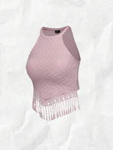 Rafferiza Women's Vacation Casual Fringe Texture Asymmetrical Hem Round Neck Tank Top - Baby Pink - View 3