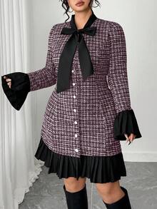 Elenzga Plus Size Plaid Flared Sleeve Belted Front Button Fitted Dress - Pink - View 4