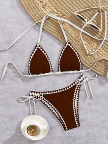 Bonvoyette 白色纹理面料贝壳钩编简约优雅女士无钢圈系带比基尼两件式泳衣，适合春夏海滩、机场、度假穿着。 - 棕色 - 查看 3