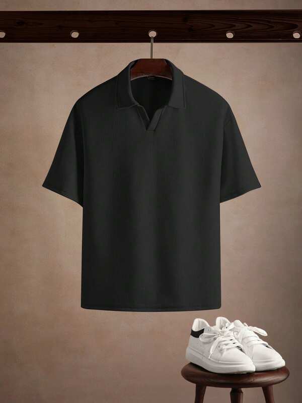 Core Aspect 纹理面料男士休闲 Polo 衫 男士黑色短袖衬衫 Manfinity Homme 男士夏季纯色短袖休闲通勤 Polo 衫 高尔夫男士 Polo 衫 男士高尔夫球衫 拉链 Polo 衫