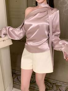 DAZY Camisa de mujer de manga larga con hombros descubiertos, diseño casual para oficina, viajes, bodas, primavera y verano - Rosa - Ver 4