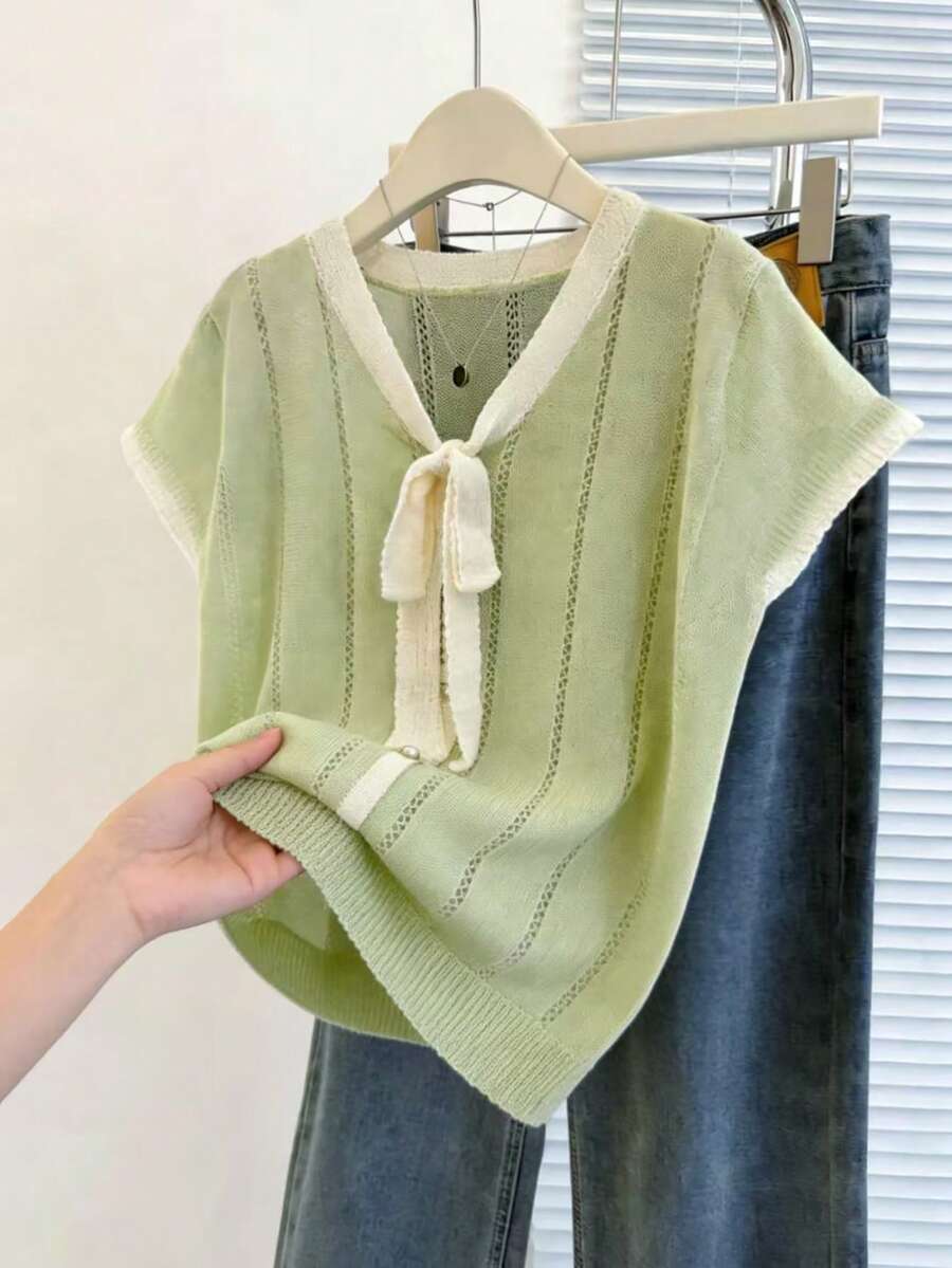 Chiquease 女士蝴蝶结V领纯色镂空针织上衣,优雅休闲精致简约风格,学院风,高端宽松针织衫,适合日常通勤、休闲活动、派对等场合。 - 綠色 - 查看 1