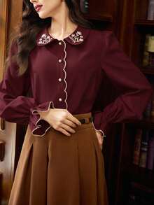 Vintamour Áo sơ mi nữ cỡ lớn kiểu dáng cổ điển thanh lịch thêu hoa, cài nút, thích hợp cho công việc, kỳ nghỉ, mùa đông, Giáng sinh, Lễ Tạ ơn và Năm mới. - Màu Đỏ Sâu - Xem 5