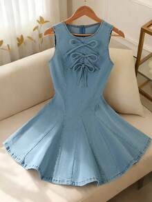 GlowEve Đầm denim không tay dáng casual dành cho nữ, kiểu dáng nghỉ mát, thắt eo, có nơ trang trí, thích hợp cho mùa hè. - Màu xanh lam - Xem 7