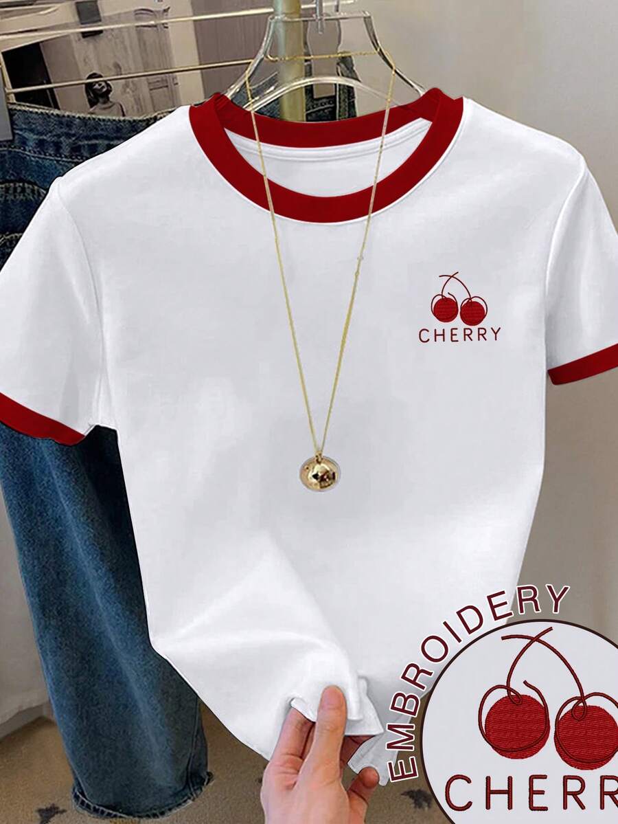 SHEIN 大码樱桃刺绣圆领短袖撞色T恤 - 白色 - 查看 1