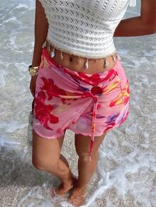 Opulessa Women's Summer Floral Print Wrap Skort With Ring Detail Suitable For Beach Vacation, Casual, Summer Holidays , Elegant, Going Out, Party, Beach Beach Shorts For Women Printed Shorts - Pink - View 1