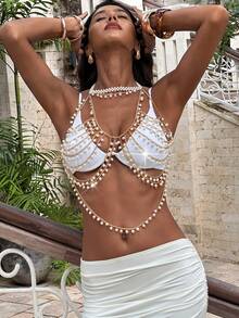 Opulessa Áo croptop cổ yếm gợi cảm dành cho nữ, đính ngọc trai giả, kiểu dây xích, thích hợp cho kỳ nghỉ. - Vàng - Xem 4