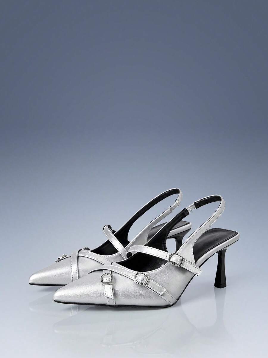 CUCCOO GRLICON Sapatos femininos de salto alto agulha com bico fino, salto laqueado, tira no tornozelo com fivela decorativa, salto alto prateado sexy e elegante para festas de Natal. - Prata - Ver 1