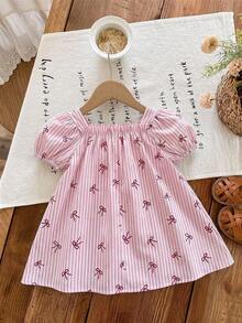 SHEIN LMoss Kids Baby Girl Woven Bow Striped Square Neck Puff Sleeve Fitted Dress,Kids - Multicolor - View 2