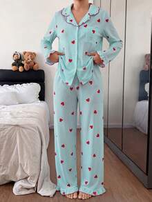 Dream Adore 心形条纹荷叶边翻领开衫和裤子睡衣套装 - 彩色 - 查看 3