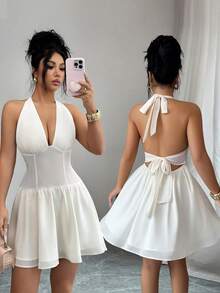 Selianne Vestido ajustado de patchwork para mujer, vestido de fiesta clásico de unicolor con lazo, vestido ajustado de línea A vintage elegante con escote en V y espalda descubierta, adecuado para vacaciones, playa, fiesta, trabajo, vestido de princesa con espalda descubierta - Amarillo - Ver 3
