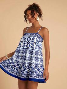 Travachic 休闲度假风蓝色陶瓷定位几何花卉图案地中海风吊带短裙，适合春夏度假 - 白色 - 查看 3