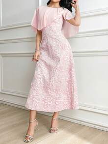 Modelyn Women's Elegant Romantic Fitted Jacquard Mid-Length Dress, Everyday Wear - Pink - View 3