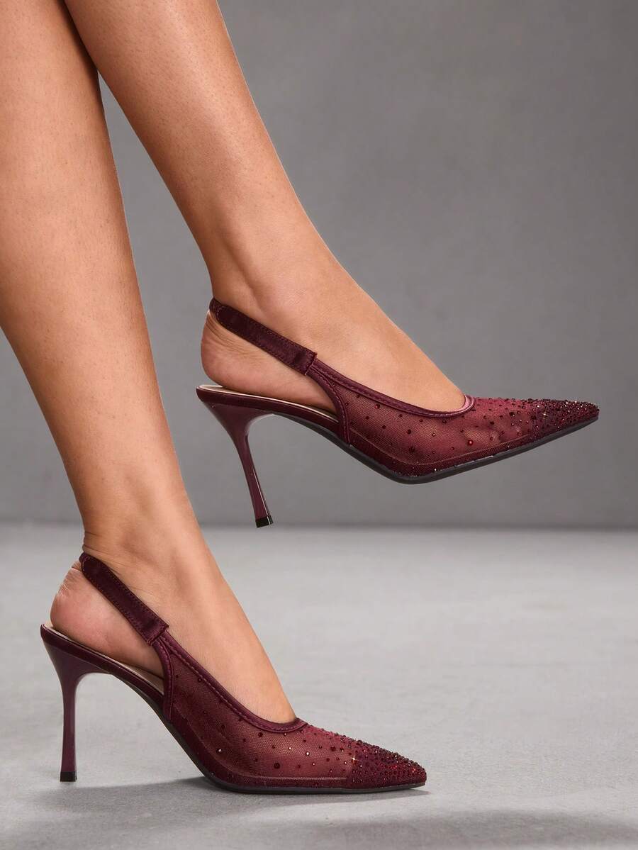 CUCCOO SZL 女士时尚尖头水晶/水钻缎面派对/晚宴高跟一脚蹬鞋 - 酒紅色 - 查看 1