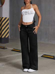 SHEIN ICON 女士休闲日常通勤百搭蝴蝶结刺绣水洗宽松阔腿牛仔裤 - 黑色 - 查看 4