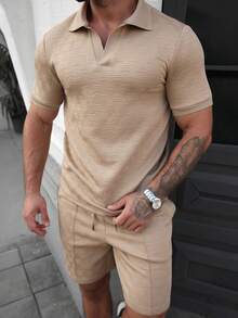 Manfinity Homme 2pcs Men's Comfortable Geometric Embossed Polo Shirt And Drawstring Elastic Waist Shorts Set, Casual For Vacation, Party, Hangout, Sports, Office, Classic Japanese Style Outfit, Spring/Autumn, Great For Self-Wear Or Gift - Khaki - View 6