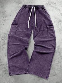 PAVTROS 男士休闲水洗工装运动裤，黑色抽绳腰带，黑色工装牛仔裤，男士宽松工装裤，宽松版型工装裤，男士水洗黑色工装裤，男士黑色工装裤，宽松工装休闲裤，宽松裤，运动裤，慢跑裤，宽松 - 紫色 - 查看 3
