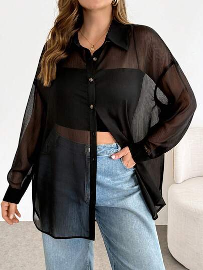 Shapeblank 大码女装春夏时尚休闲宽松舒适日常百搭黑色透视防晒长袖衬衫，夏季服装，超大款上衣，女士沙滩装，女士衬衫