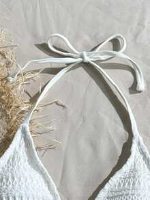 Swim Mod 1件可爱女童针织提花挂脖系带金属装饰泳衣比基尼上衣，夏季假日白色钩针比基尼上衣三角比基尼上衣钩针泳衣上衣白色比基尼上衣贝壳吊坠比基尼夏季海滩度假 - 米色 - 查看 3