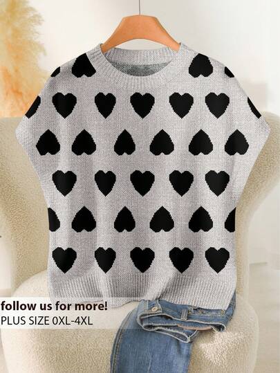 CosyJoli Plus Size Women Heart Pattern Round Neck Casual Knit Sweater, Autumn/Winter Jumper For Woman Sweater For Women Pullover For Women Cute Tops For Women Sweater Top Graphic