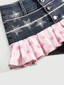 ROMWE J-Fashion Y2K Abby Hot Girl-Inspired Pink Polka Dot & Music Note Embroidered Super Low-Rise Mini Skirt - Blue - View 4