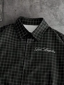 AXEPEAK 男士宽松字母格子印花短袖梭织衬衫 - 黑色 - 查看 3