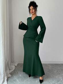 SHEIN Elenzya 女士优雅长款红色连衣裙，新年连衣裙，新年装扮，感恩节装扮，优雅派对礼服，长款派对礼服，婚礼宾客礼服，时尚婚礼晚礼服 - 綠色 - 查看 6