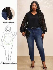 Truni Women Plus Size V-Neck Patchwork Sunflower Lace Splicing Ruffle Sleeve Blouse, Spring, For Pear Triangle Body Shape - Black - View 1