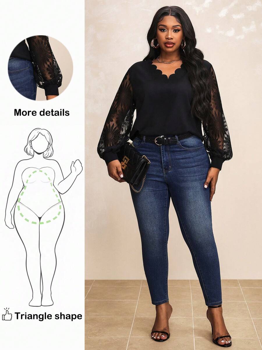 Truni Women Plus Size V-Neck Patchwork Sunflower Lace Splicing Ruffle Sleeve Blouse, Spring, For Pear Triangle Body Shape - Black - View 1