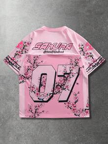 ROMWE MEN Prep Áo thun nam tay ngắn in số và chữ số, kiểu dáng thường ngày, thích hợp cho các hoạt động thể thao mùa xuân/hè. - Hồng - Xem 7