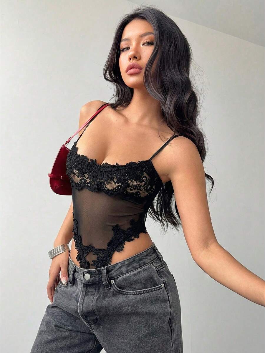 Aloruh 女士撞色蕾丝网纱性感时尚连体衣 - 黑色 - 查看 1