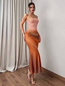 Firerie 女士优雅日常度假沙滩连衣裙，橙色扎染印花网纱抹胸修身鱼尾长裙，女士春夏度假连衣裙 - 彩色 - 查看 5