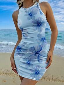 SHEIN EZwear 休閒極簡風全寬圓領無袖中長版修身女款夏季洋裝/迷你洋裝/泳裝，夏威夷藍，適合海灘、網球 - 彩色 - 查看 5