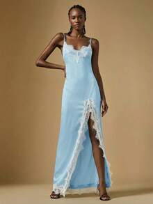 Briarwyn Women's Open Shoulder Spaghetti Strap Blue Lace Patchwork High Slit Hem Dress, Summer Dresses For Women, Summer Outfits, Summer Outfits For Women, Spring Dress Women, Valentine Outfits For Women, Elegant Party Dresses For Women, Beach Outfit, Wedding Guest Dress For Women , Wedding Party Dress - Baby Blue - View 5