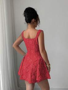 Rafferiza Spring/Summer Regular Women's Wide Collar Sleeveless Waist Cinched Ruched Hem Blue Textured Jacquard Mini Dress, Elegant & Romantic For Graduation, Prom, Party, Music Festival, Vacation - Hot Pink - View 2