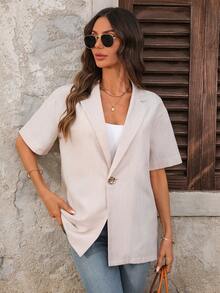 EMERY ROSE 女士纯色翻领短袖单扣休闲西装外套 春夏款 女士短袖西装外套 - 綠色 - 查看 4