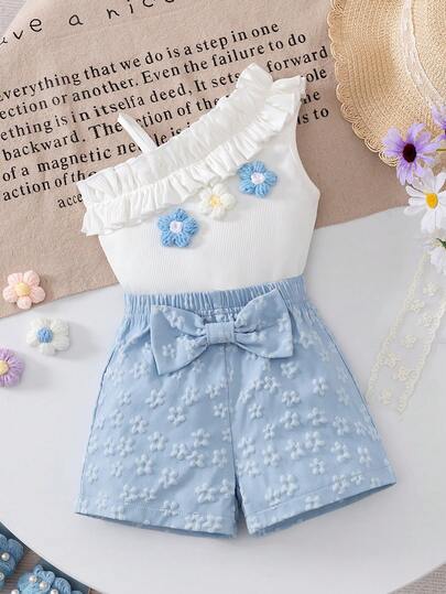Elladie kids Conjunto de camiseta de tirantes con decoración floral y pantalones cortos cómodos de verano/otoño para niñas pequeñas