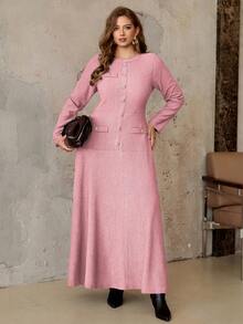 Roveilla 大码女士优雅复古法式风格商务通勤纯色纹理面料圆领前金属纽扣腰部A字长袖连衣裙，适合派对、万圣节、圣诞节、感恩节、下午茶、新年等场合。 - 粉色 - 查看 7
