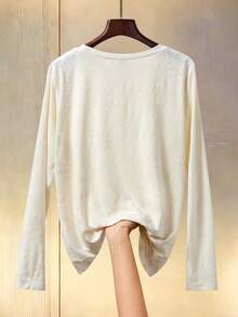 SHEIN Clasi Women's Casual Solid Color Jacquard Crew Neck Long Sleeve Regular T-Shirt - Apricot - View 2