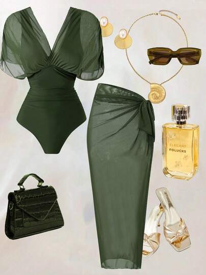 Swim Oasis 2026 New Spring/Summer Women 2pcs Solid Color One Piece Swimsuit With Mesh Maxi Skirt, Beach Resort Casual Swimwear Set