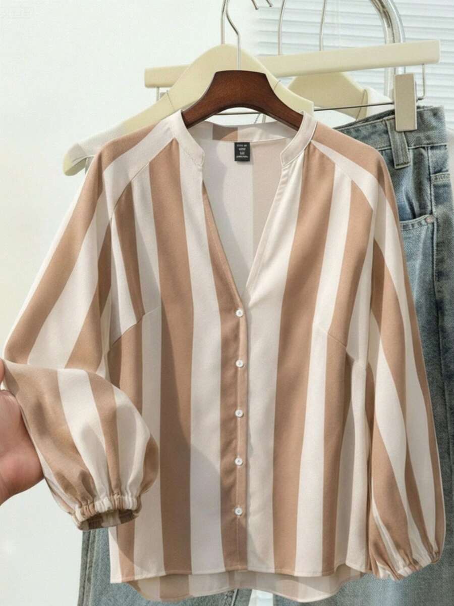 Franclia Plus Size Women's Elegant Everyday Brown Silk Shirt,Relaxed Fit Round Neck Contrast Striped Blouse Summer Autumn Top,White Sequence,Casual Blouses - Multicolor - View 1